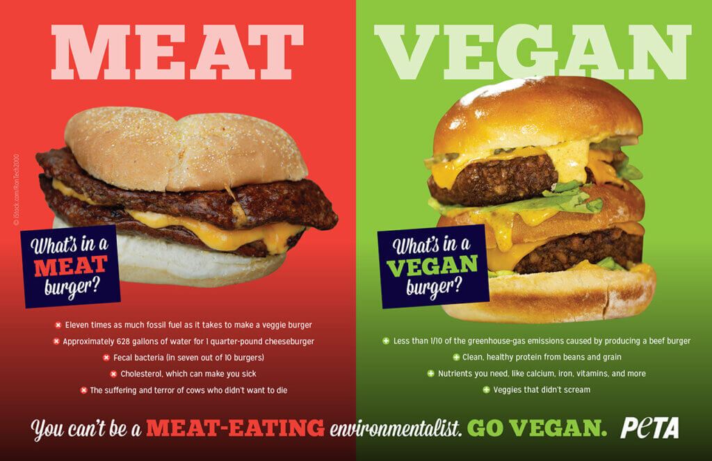 Image of a leaflet on why eating vegan is better for the environment accompanied by images of a meat burger and vegan burger.