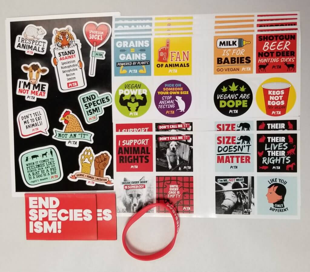 Photo of animal rights literature, stickers, and a wristband
