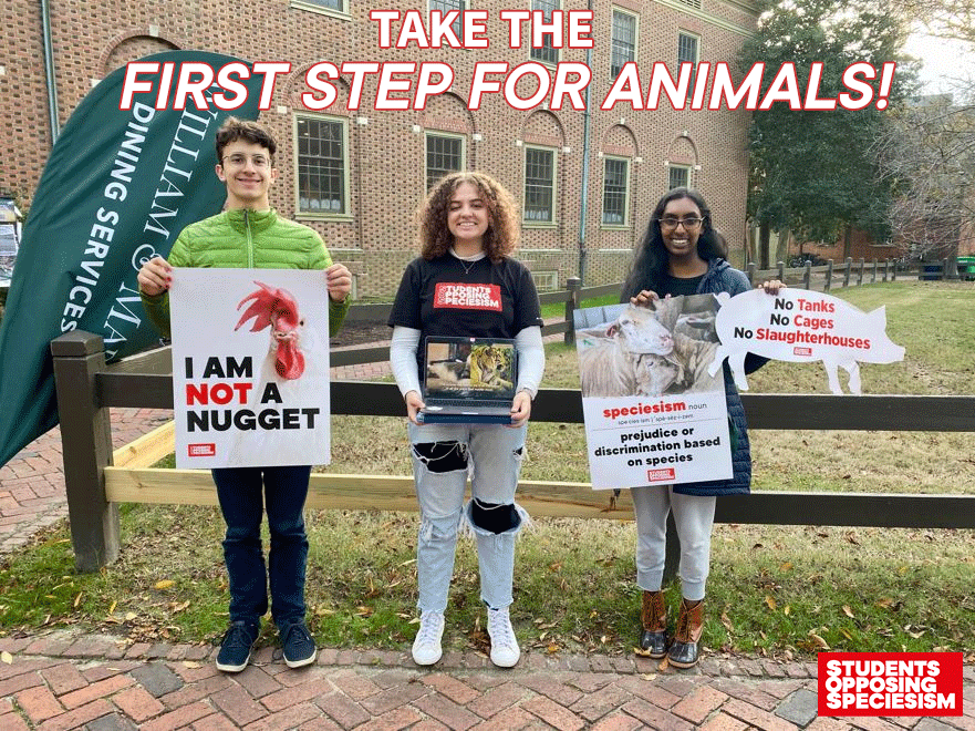 Photo of student activists standing together holding signs and protesting speciesism