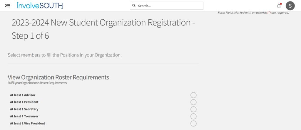 A student organization registration portal: roster requirements